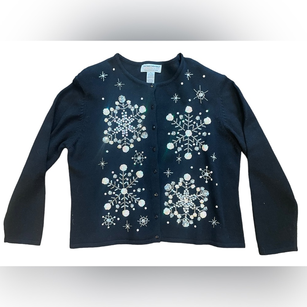 VTG Heirloom Collectibles Blk W/Sequin/Beaded‎ Snowflakes Cardigan Sweater Sz XL